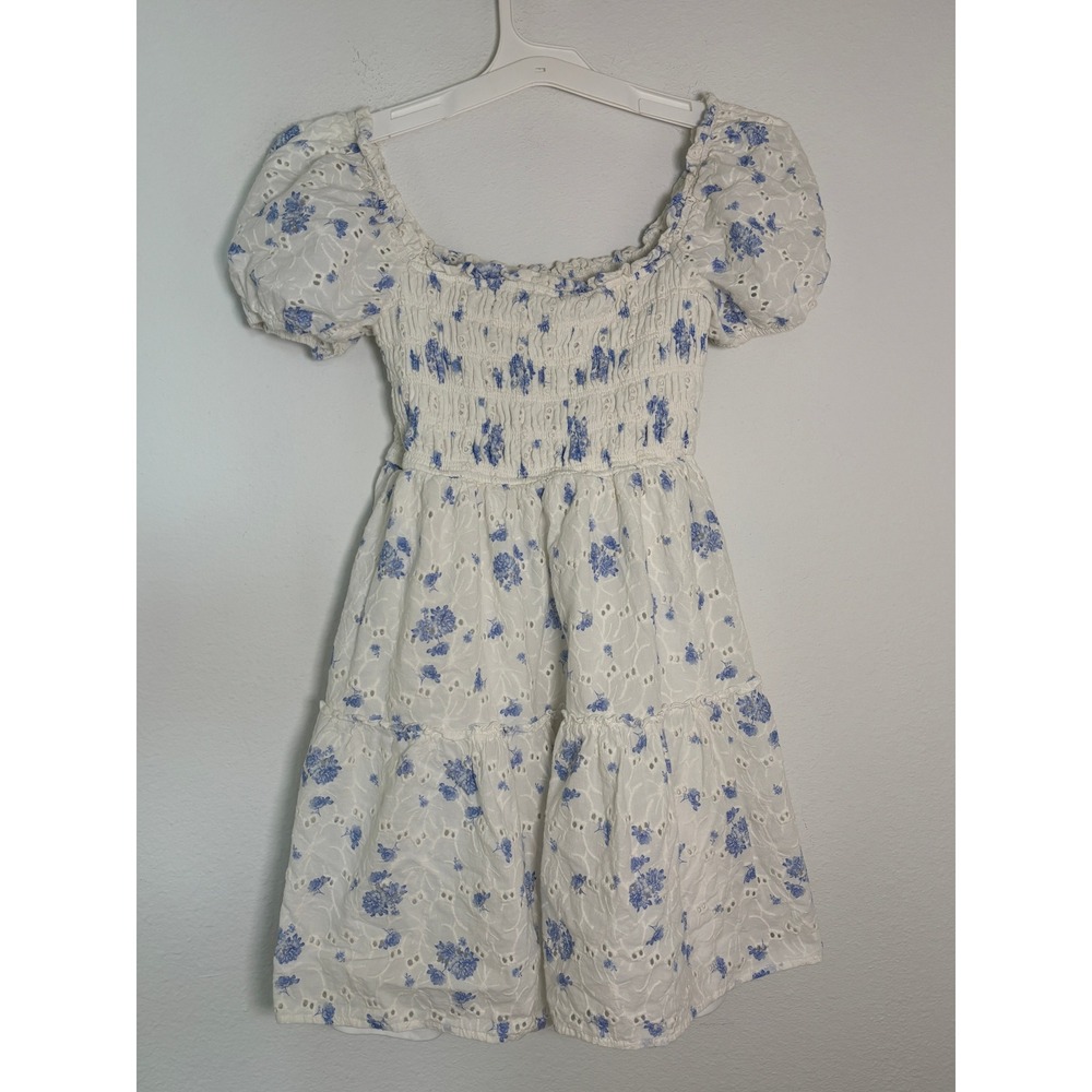 Altar'd State Blue Floral Eyelet Smocked Mini Dress White Puff Sleeve Small